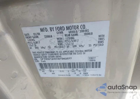 2008 Ford F-150 60Th Anniversary/Fx2/Xl/Xlt from USA, damaged, VIN 1FTRW12WX8FB62577